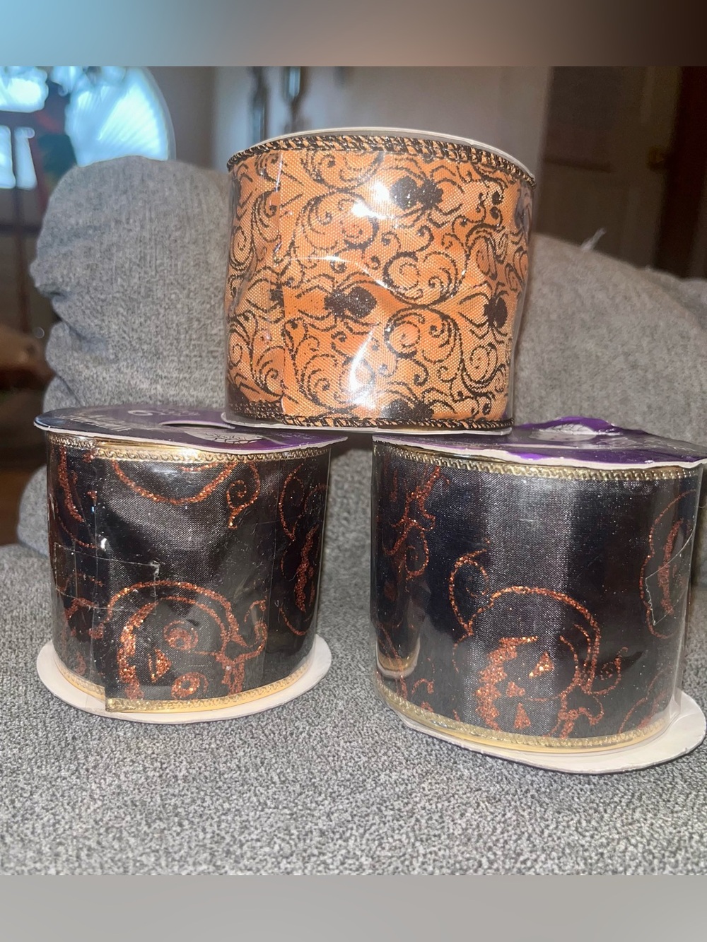 Decorative Halloween Wreath Ribbon Holiday Orange and Black Glitter Scrolls